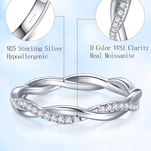 Elegant Silver Twisted Moissanite Band Ring - Picture 7 of 8